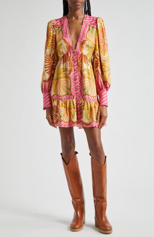 FARM Rio Palm Scarf Long Sleeve Button Front Minidress Sand at Nordstrom,
