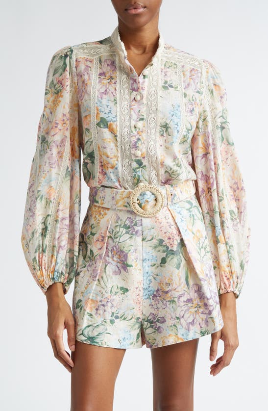 Shop Zimmermann Halliday Floral Lace Trim Balloon Sleeve Cotton Button-up Shirt In Multi Watercolour Floral