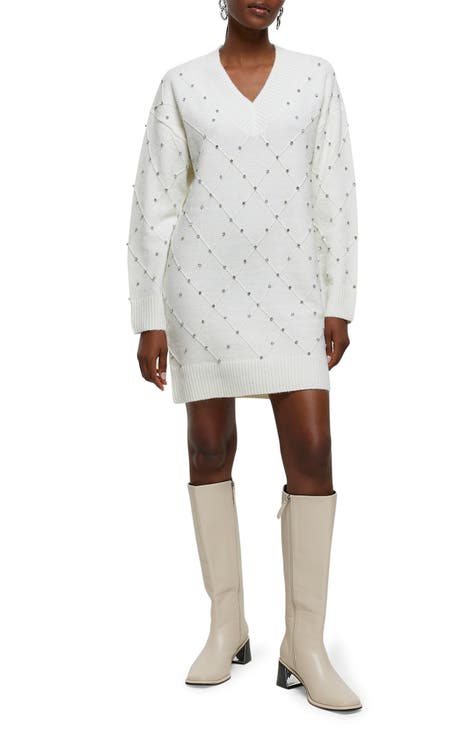 Leonie Crystal Embellished Long Sleeve Sweater Dress