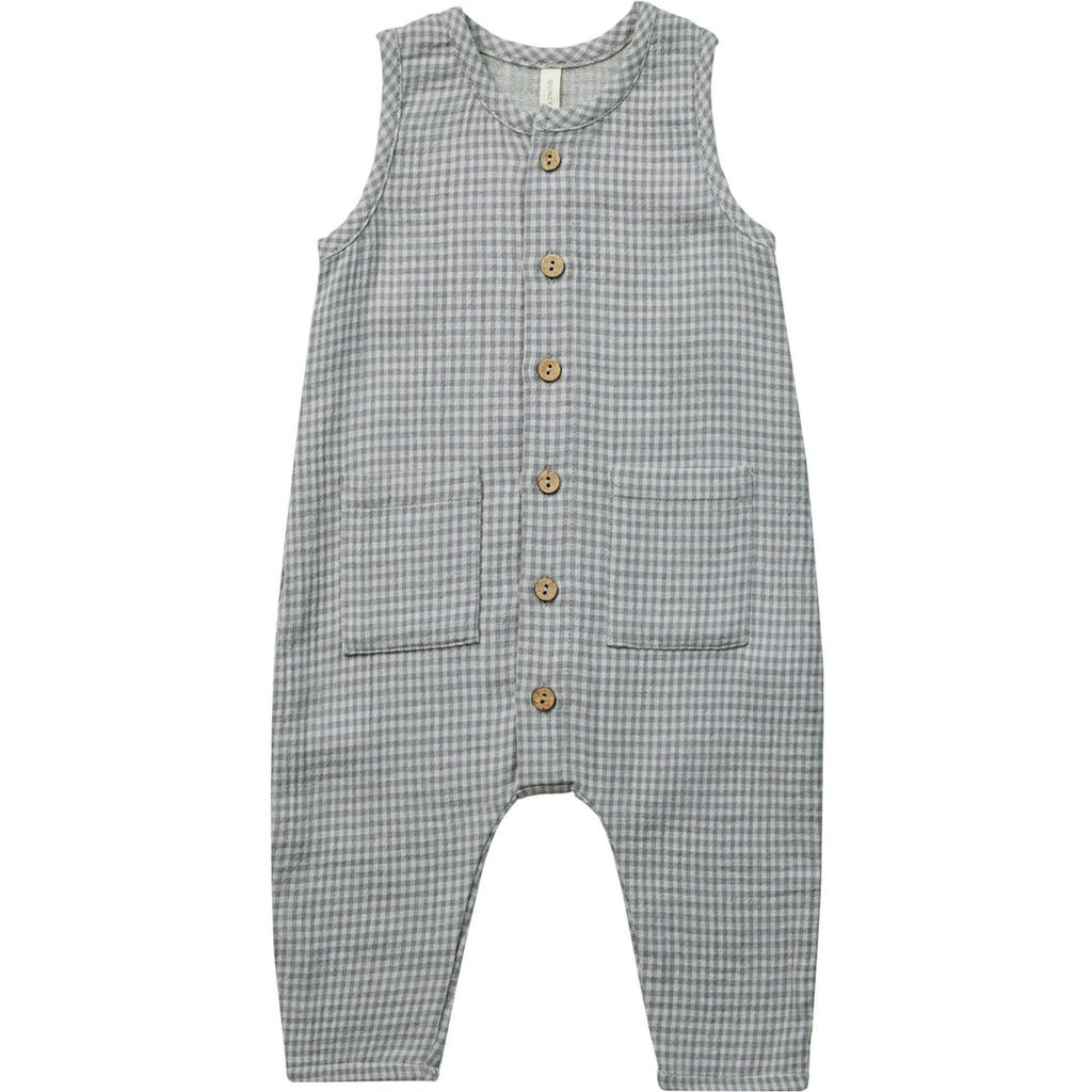 Quincy Mae Gingham Organic Cotton Knit Romper In Blue Gingham