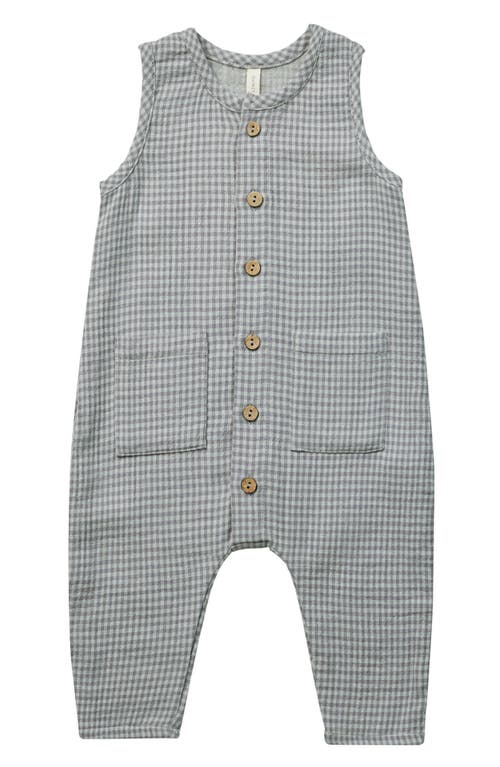 QUINCY MAE Gingham Organic Cotton Knit Romper Blue at Nordstrom,