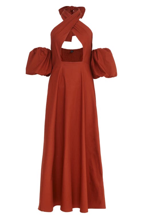 Shop Nasty Gal Cutout Halter Cold Shoulder Puff Sleeve Maxi Dress In Rust