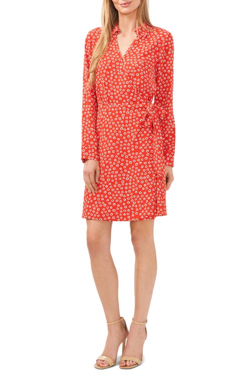 CeCe Floral Long Sleeve Faux Wrap Shirtdress Candy Apple at Nordstrom,