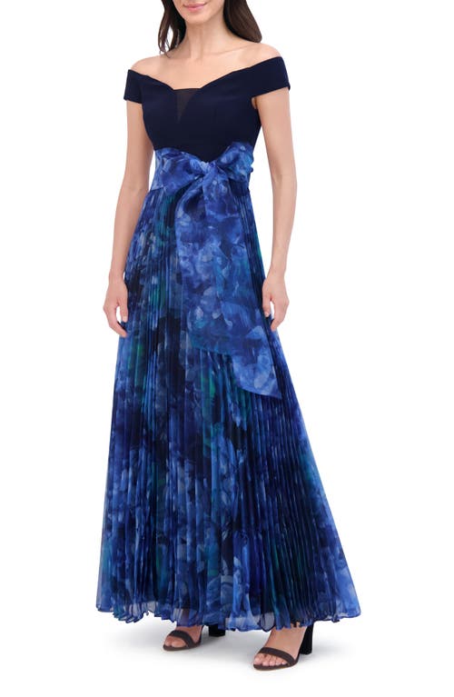 Shop Eliza J Pleated Off The Shoulder Gown In Navy