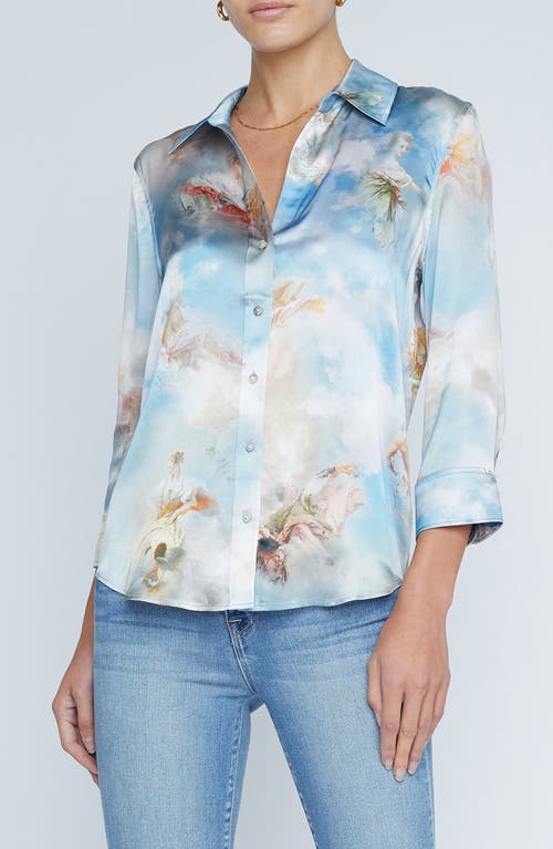 Dani Art Print Silk Button-Up Shirt in Light Blue Multi