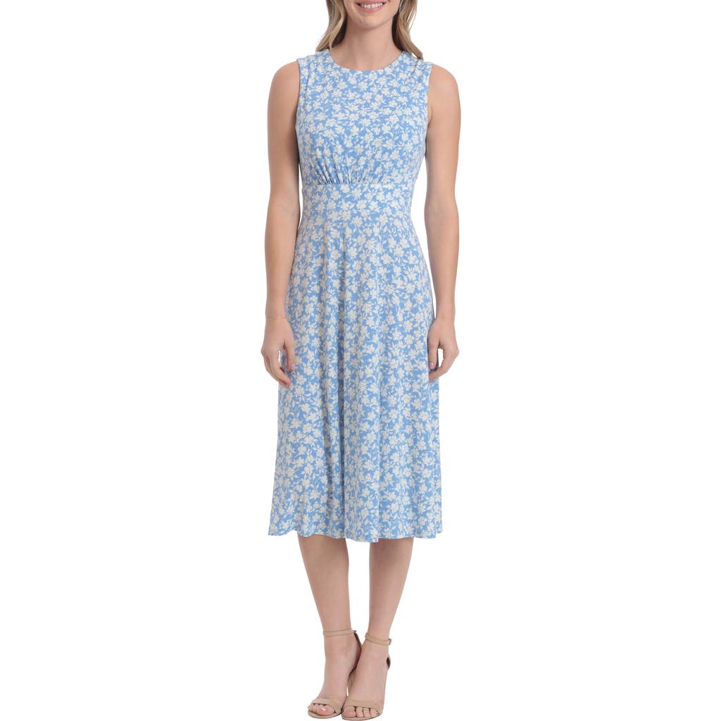 London Times Floral Sleeveless Fit & Flare Midi Dress In Sky/ivory