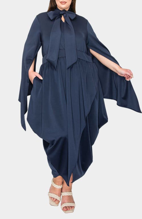 Shop L I V D Tina Cape Sleeve Tulip Hem Midi Dress In Navy