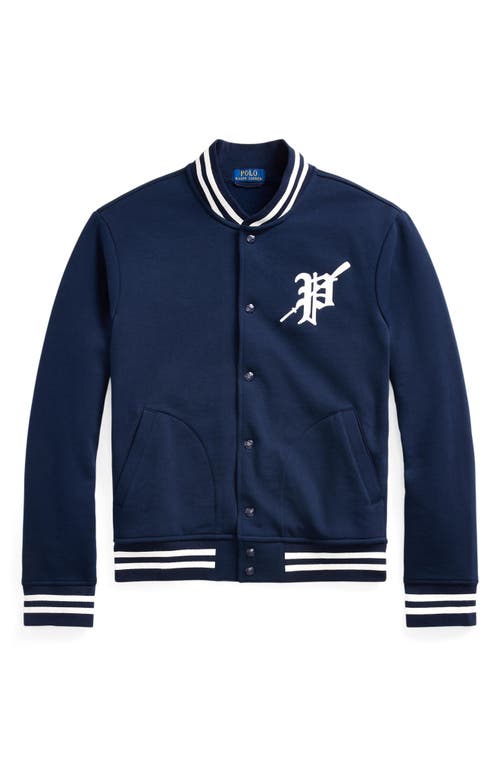 Shop Polo Ralph Lauren Felted Snap-up Baseball Jacket In Cruise Navy