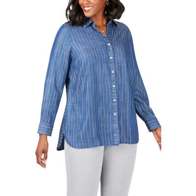 Plus Size Foxcroft Brycen In Stitch Stripe Tencel Lyocell Shirt, Blue