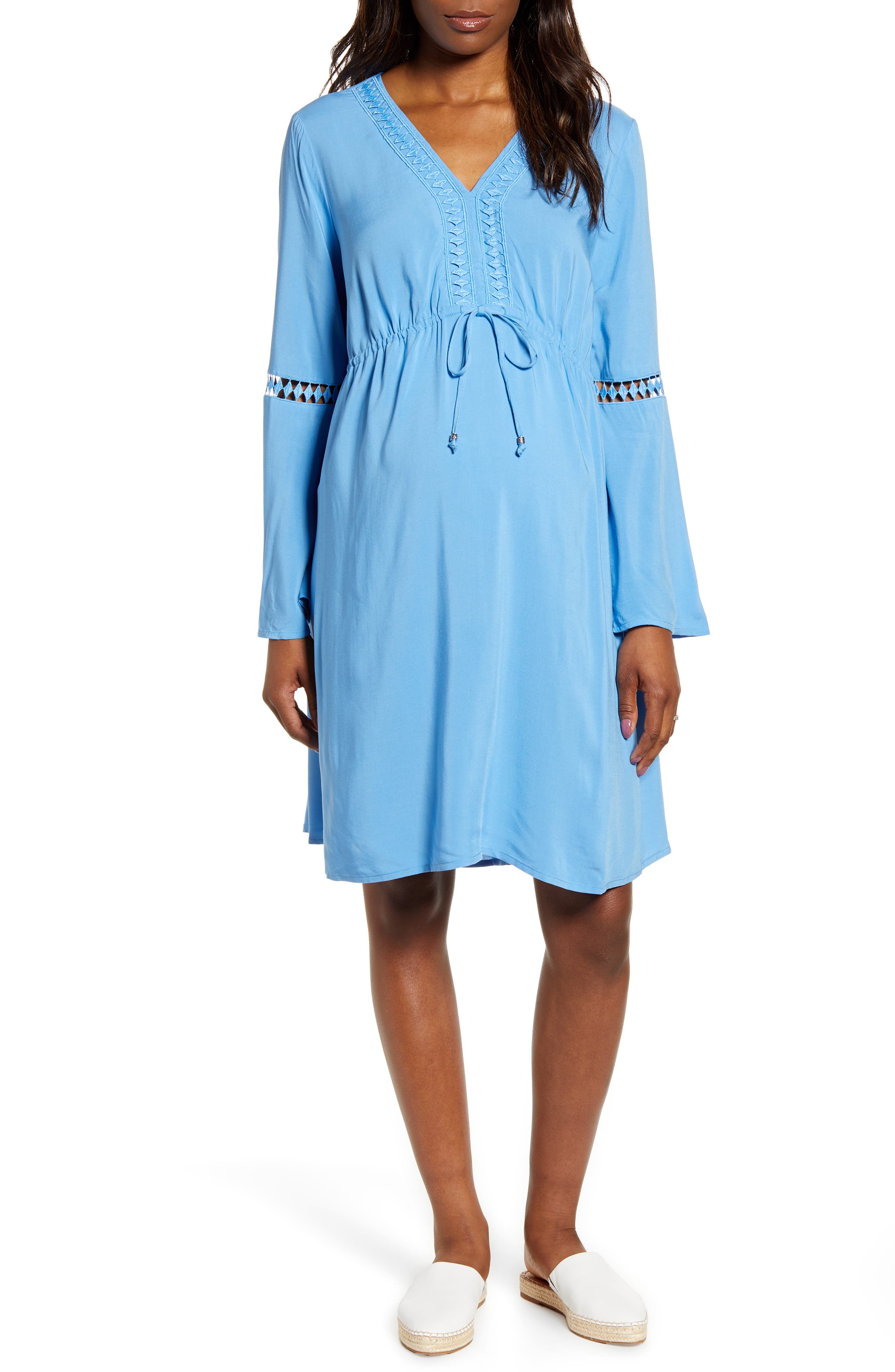 14Th Place Bell Sleeve Maternity Peasant Dress, Blue