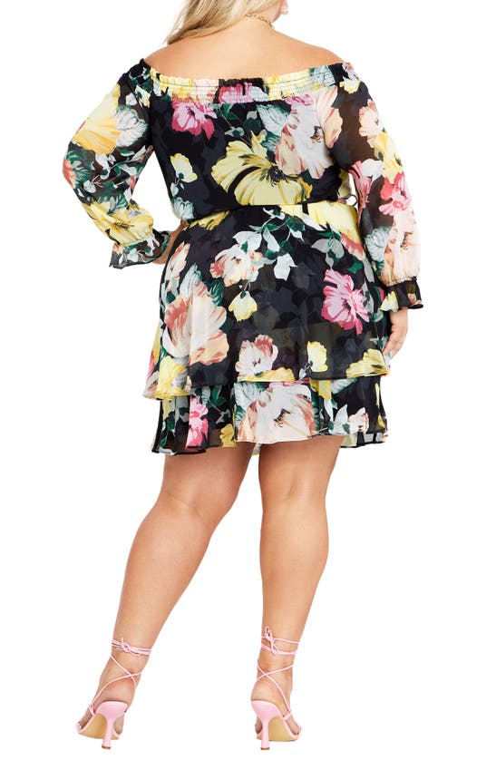 Shop City Chic Athena Floral Off The Shoulder Long Sleeve Belted Minidress In Black Melanie Bloom