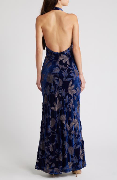 Lulus Dreamy Blossom Burnout Velvet Halter Gown In Blue Floral