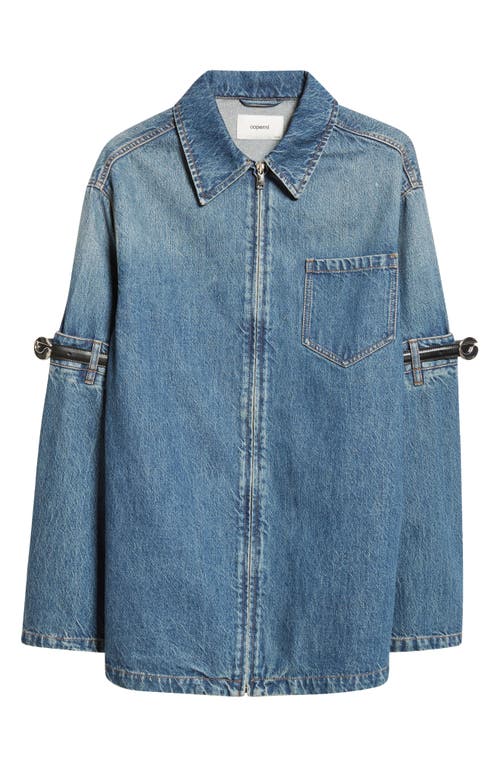 Shop Coperni Hybrid Belted Sleeve Denim Overshirt In Blue