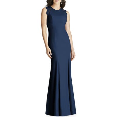 Dessy Collection Lace Back Crepe Gown, Blue
