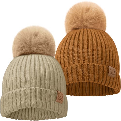 Keababies 2-pack Pom Knitted Beanie In Latte