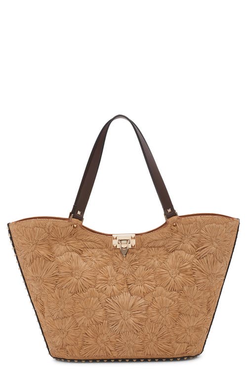 Valentino Garavani Rockstud Garden Embroidered Raffia Tote In Y5t Tabacco/cacao