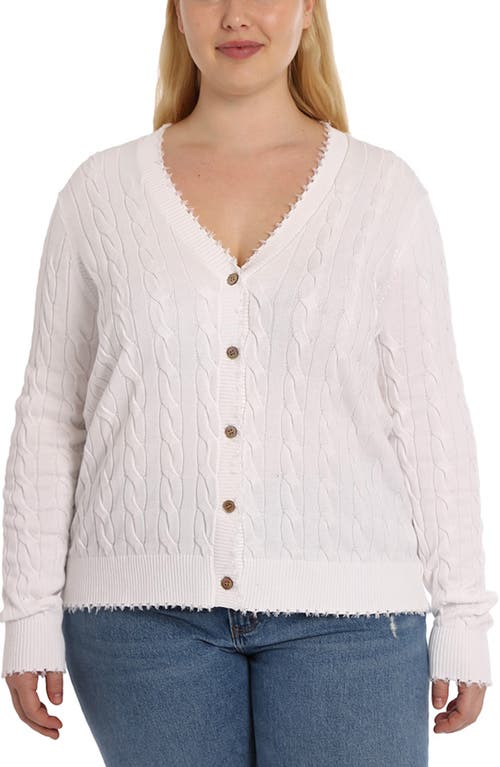 Frayed V-Neck Cable Knit Cotton Cardigan in White
