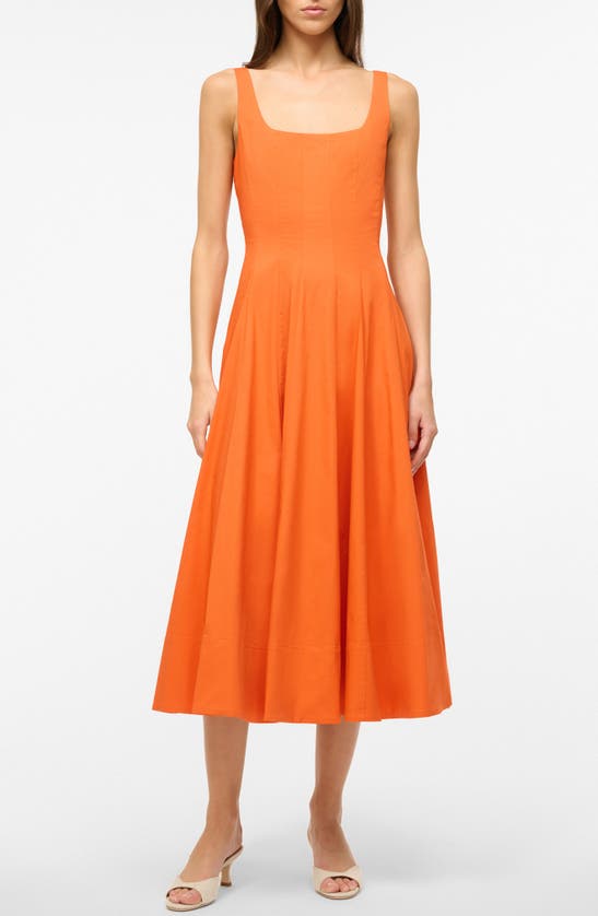 Shop Staud Wells Stretch Cotton Fit & Flare Midi Dress In Tangerine
