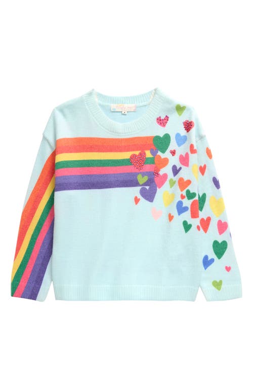 Truly Me Kids' Rainbow Hearts Embellished Crewneck Sweater In Blue Multi