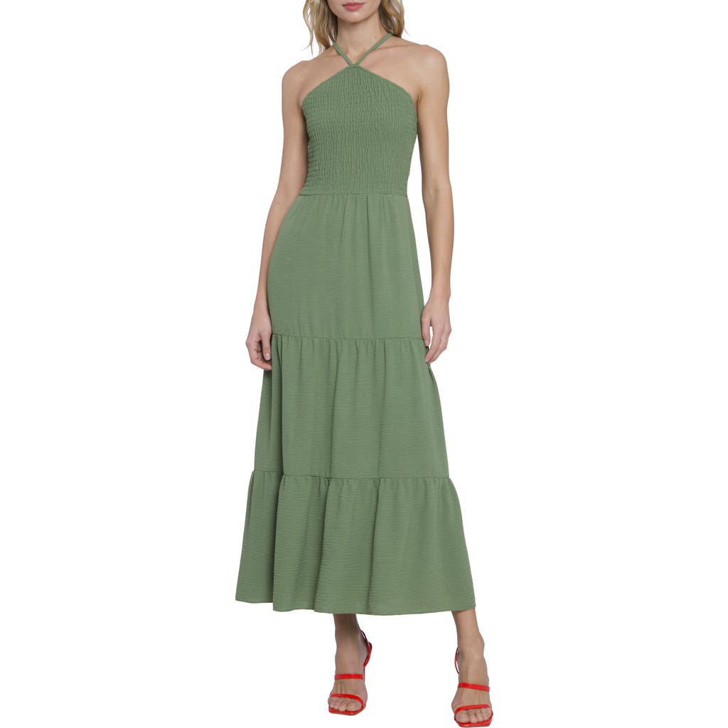 Donna Morgan For Maggy Smocked Tiered Maxi Halter Dress In Moss