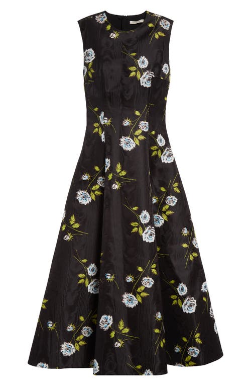 Shop Emilia Wickstead Kalina Floral Moiré A-line Dress In Rose Stems On Black