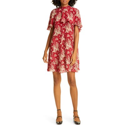 Red Valentino Cape Detail Floral Silk Minidress, US / 40 IT - Red