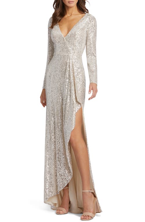 Long Sleeve Sequin Wrap Gown in Silver