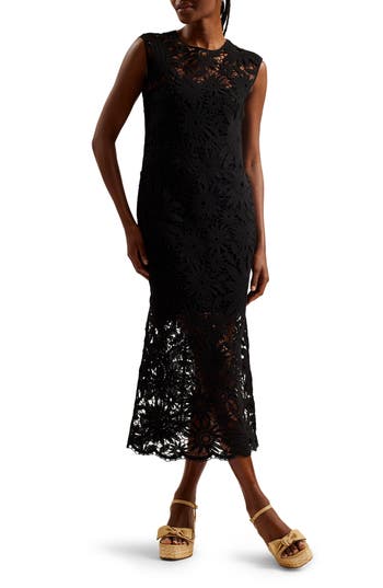 Ted Baker Womens Black Corha Floral-crochet Sleeveless Cotton-blend Midi Dress In Black