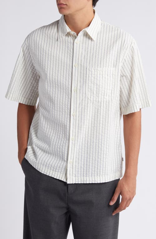 Wax London Kew Stripe Short Sleeve Seersucker Button-up Shirt In White/blue