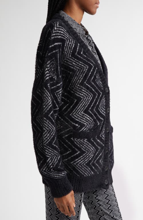 Shop Missoni Oversize Sequin Embellished Zigzag Cardigan In Base Black And Zigzag White