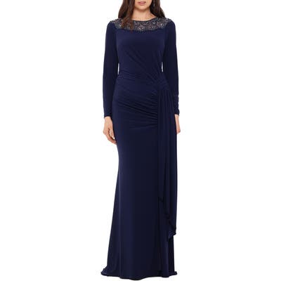 Xscape Beaded Neck Long Sleeve Ruched Jersey Gown, Blue