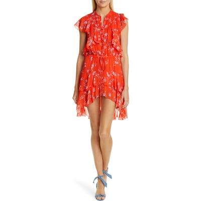 Nicholas Floral Cascade Ruffle Silk Minidress, Red