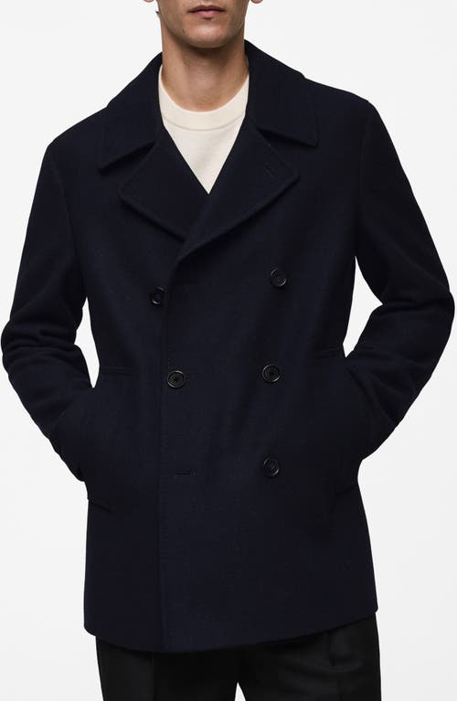 Shop Mango Double Breasted Wool Blend Coat In Dark Navy