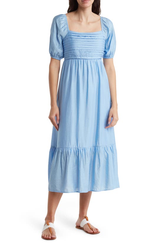Shop August Sky Pleated Square Neck Midi Dress In Blue