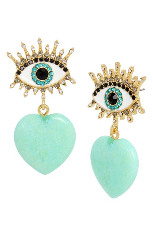 Quartz Heart Evil Eye Drop Earrings in Green