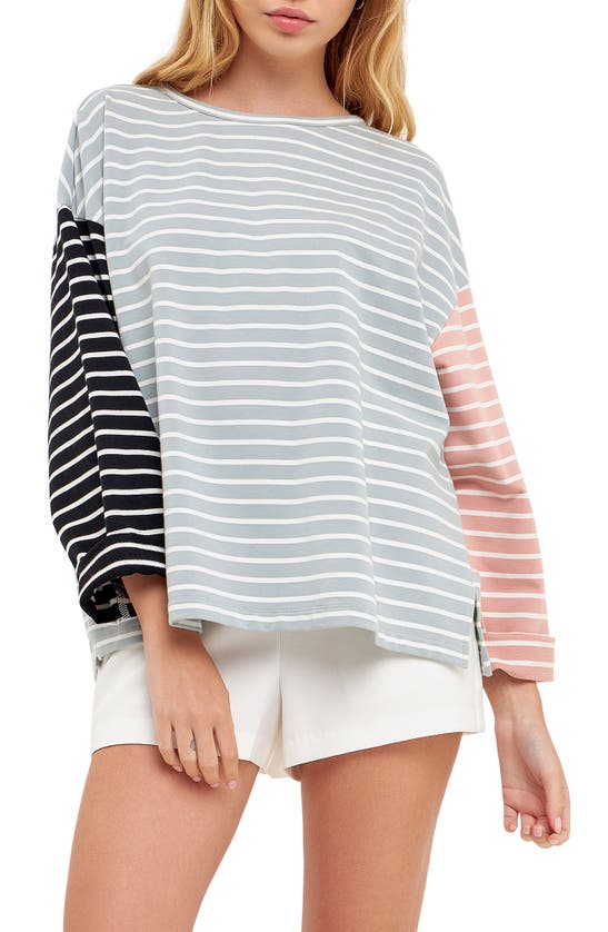 English Factory Colorblock Stripe Long Sleeve Stretch Cotton Top In Pistachio Multi