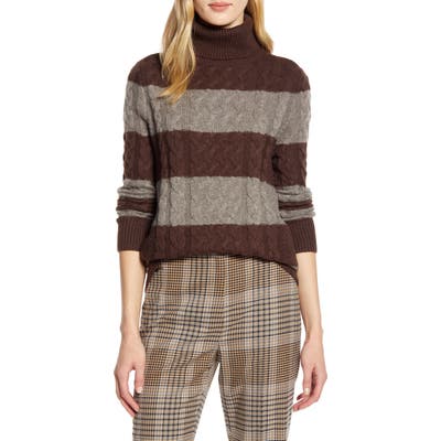 Halogen X Atlantic-Pacific Cable Knit Turtleneck Sweater, Brown (Nordstrom Exclusive)