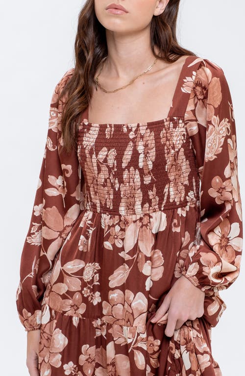 Shop August Sky Floral Long Sleeve Midi Dress In Burgundy Multi