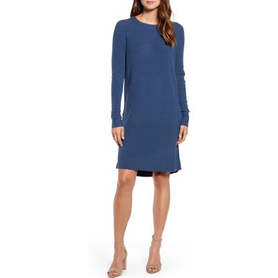 Caslon Long Sleeve Thermal Stitch Sweater Dress, Blue
