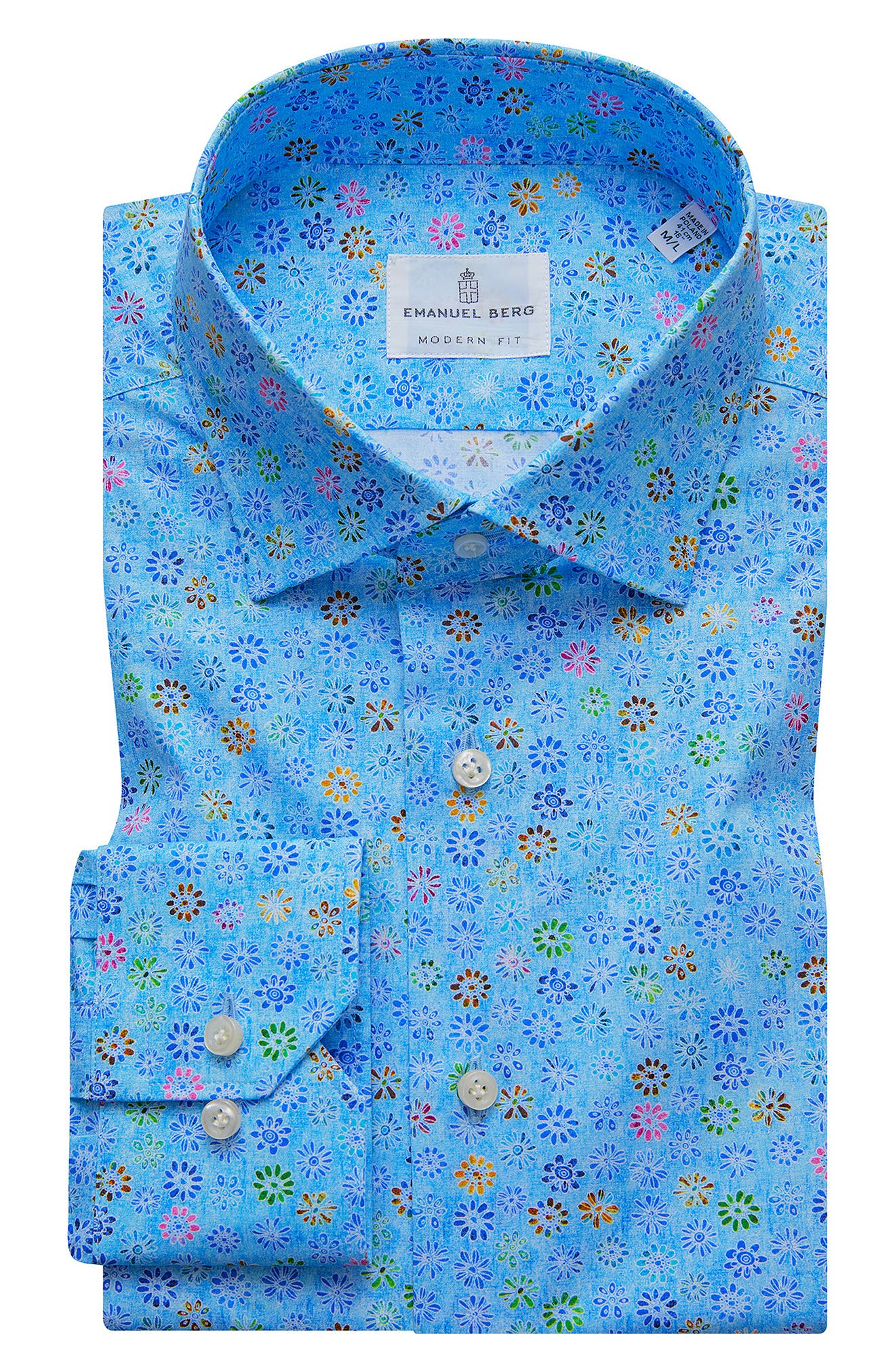 Emanuel Berg Men's Modern Fit Stretch Floral Print Dress Shirt in Med Blue at Nordstrom