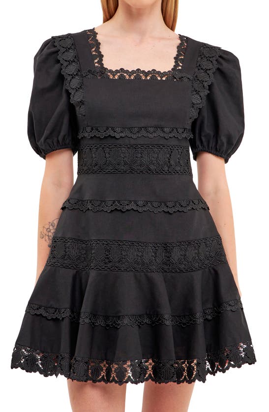 Shop Endless Rose Lace Puff Sleeve Cotton & Linen Minidress In Black