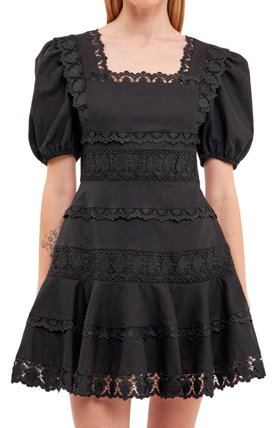 ENDLESS ROSE ENDLESS ROSE LACE PUFF SLEEVE COTTON & LINEN MINIDRESS