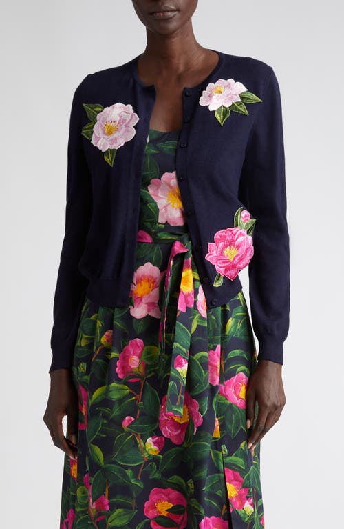 Oscar De La Renta Camellia Embroidered Virgin Wool Cardigan In Pink/navy