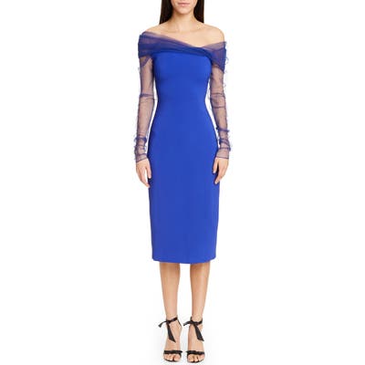 Cushnie Off The Shoulder Tulle Long Sleeve Midi Dress, Blue