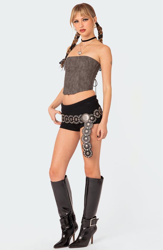 Shop Edikted Christa Strapless Faux Leather Corset Crop Top In Gray