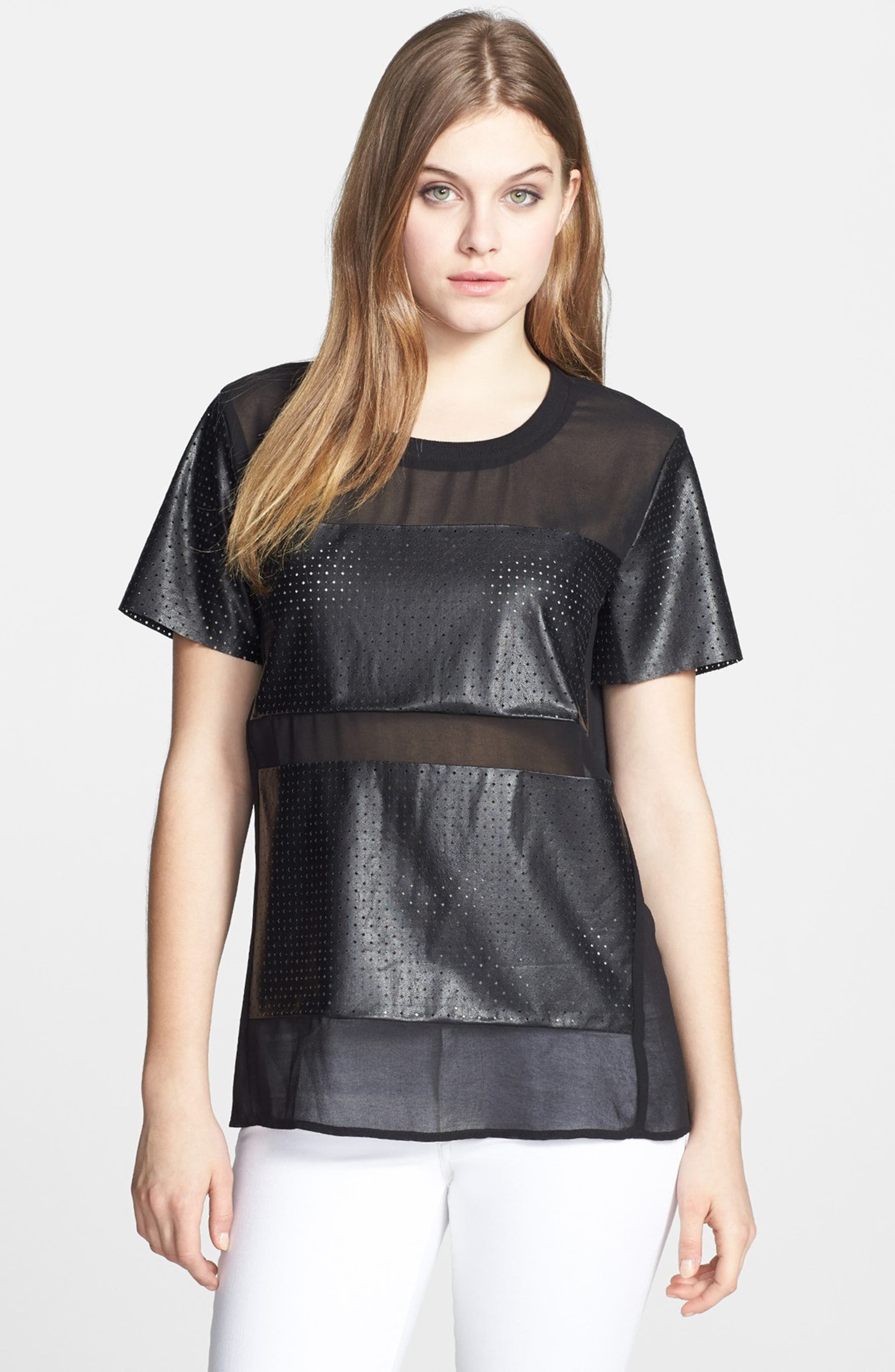 Harlowe and Graham Perforated Faux Leather & Chiffon Tee | Nordstrom