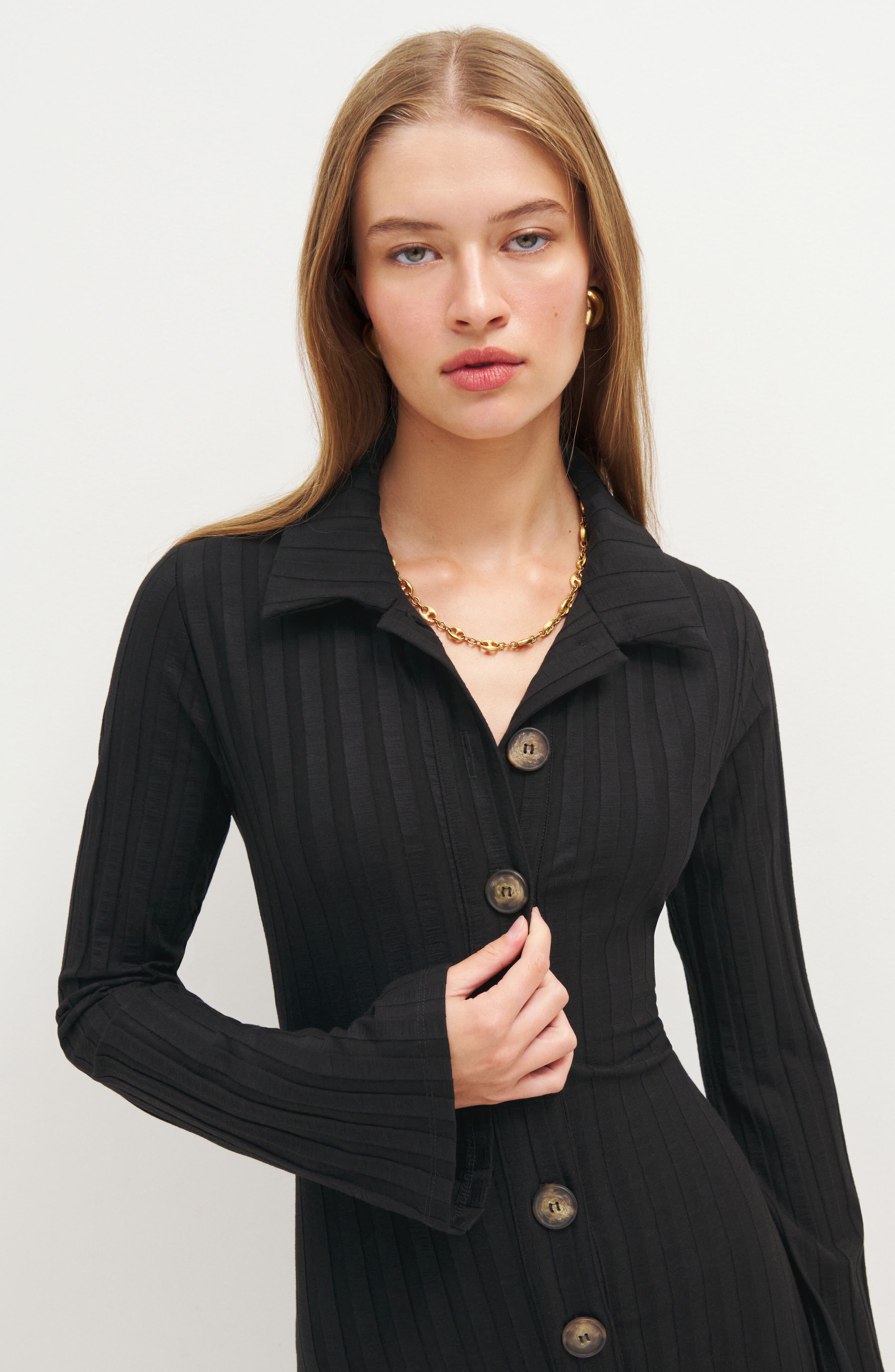 Reformation Benton Long Sleeve Rib Button-Up Minidress in Black | Smart  Closet