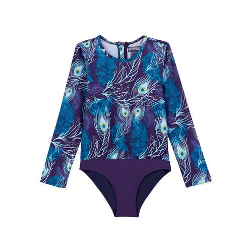 Shop Vilebrequin Kids' Eyes Of The Wind Jersey Long Sleeve One-piece Swimsuit In Minuit