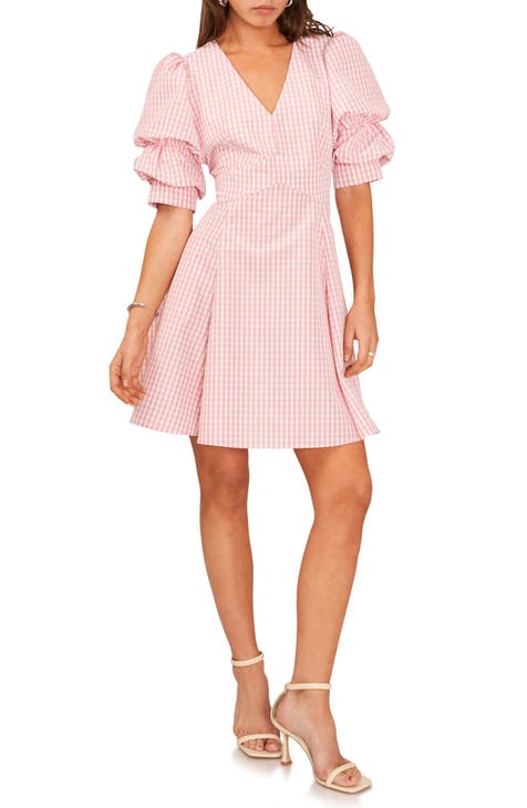 Puff Long Sleeve Button Midi Dress Pink