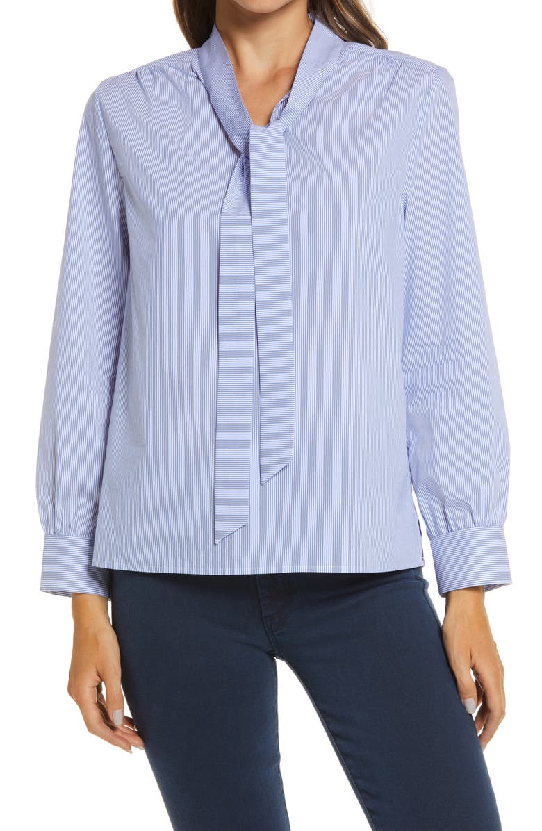 MING WANG Tie Neck Blouse, Main, color, BLUE SMOKE/WHITE